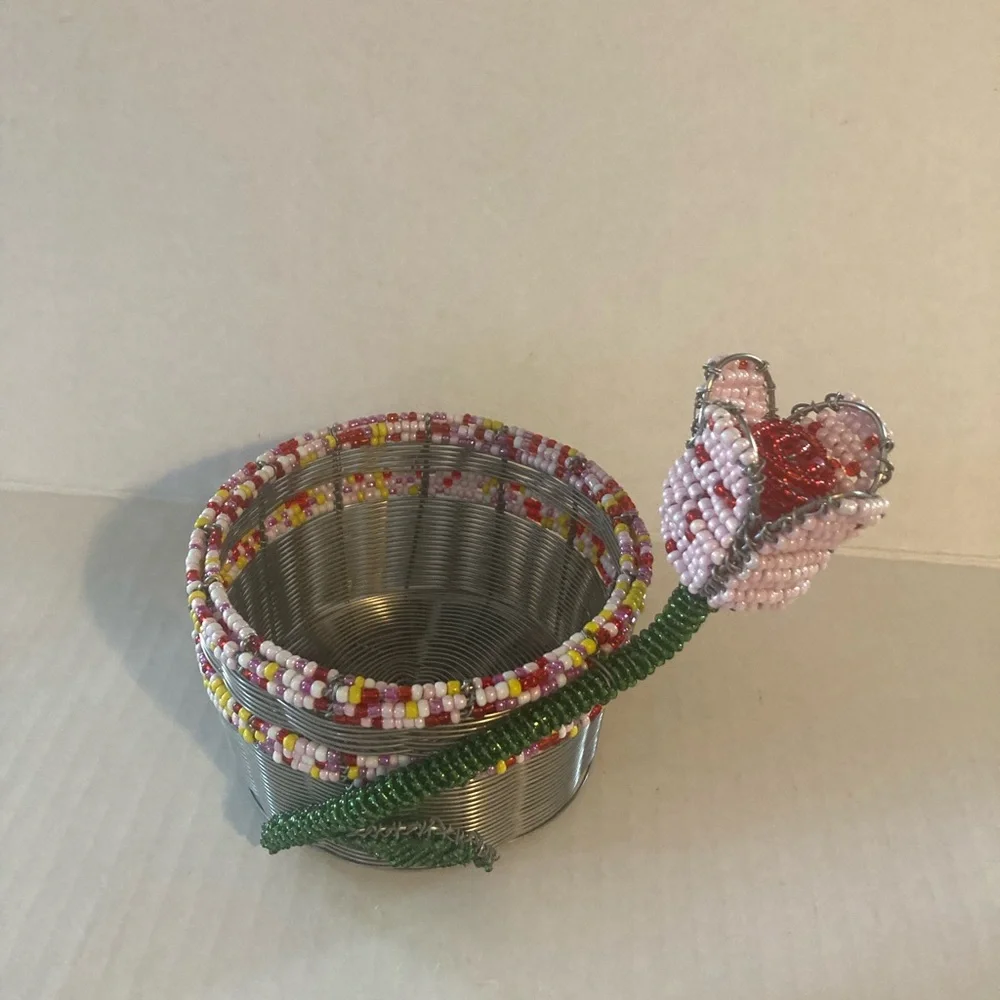 Handcrafted Beaded Bottle Holder with Pink Flower